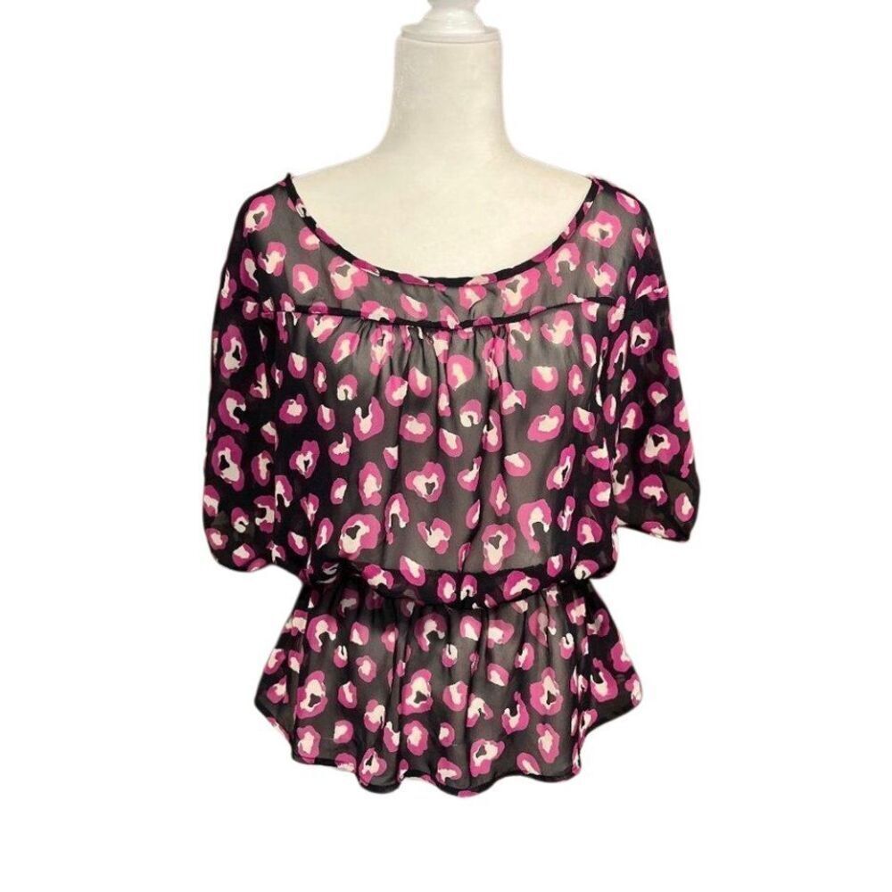 Dina Be pink and navy poppy floral semi-sheer blouse with flared waistband- L